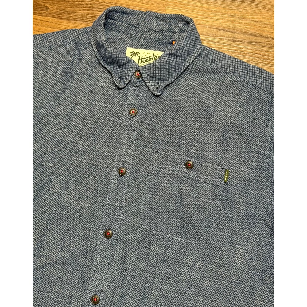 Howler Bros Mens Blue Geometric Short Sleeve Button Down Cotton Shirt Sz L